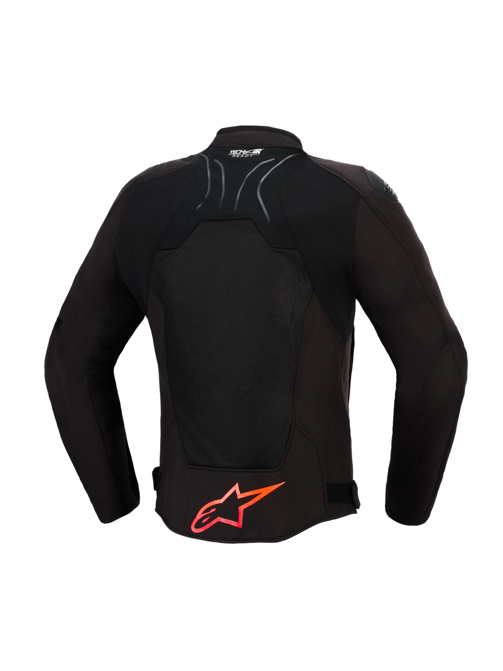 Alpinestars SMX Air Jacket, kurtka motocyklowa, czarna z jaskrawoczerwonymi detalami, widok z tyłu ukazujący techniczne panele siatkowe dla przepływu powietrza, duże czerwone logo Alpinestars w dolnej części pleców, logo Tech-Air Ready na kołnierzu, sportowy design do jazdy o wysokich osiągach.