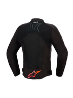 Alpinestars SMX Air Jacket, kurtka motocyklowa, czarna z jaskrawoczerwonymi detalami, widok z tyłu ukazujący techniczne panele siatkowe dla przepływu powietrza, duże czerwone logo Alpinestars w dolnej części pleców, logo Tech-Air Ready na kołnierzu, sportowy design do jazdy o wysokich osiągach.