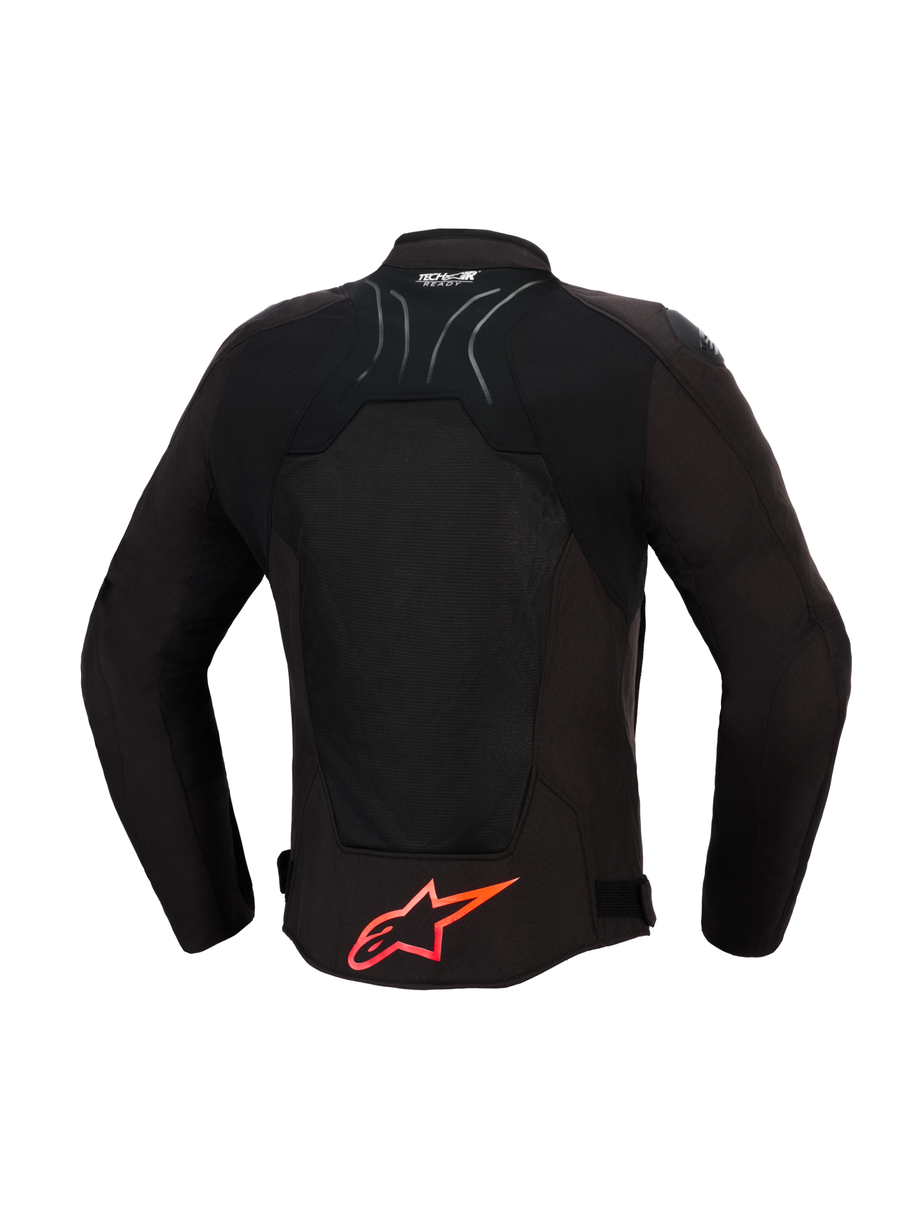 Alpinestars SMX Air Jacket, kurtka motocyklowa, czarna z jaskrawoczerwonymi detalami, widok z tyłu ukazujący techniczne panele siatkowe dla przepływu powietrza, duże czerwone logo Alpinestars w dolnej części pleców, logo Tech-Air Ready na kołnierzu, sportowy design do jazdy o wysokich osiągach.