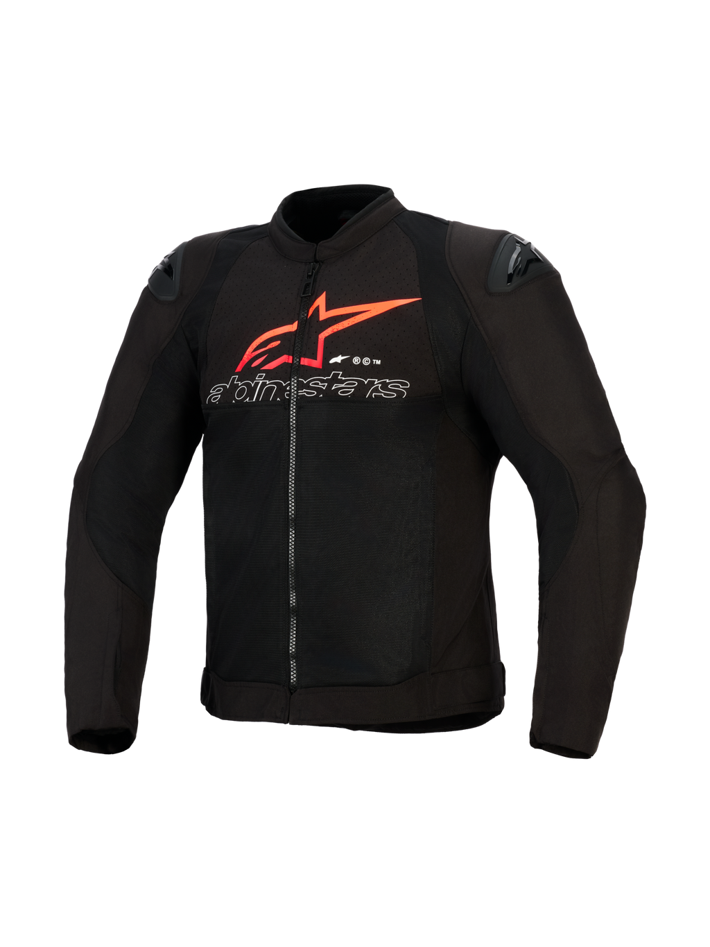 Alpinestars SMX Air Jacket, kurtka motocyklowa, czarna z jaskrawoczerwonymi i białymi akcentami, duże czerwone logo gwiazdy Alpinestars i biały konturowy napis na klatce piersiowej, panele z siatki z czarnymi sliderami na ramionach, sportowa odzież motocyklowa.