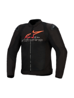 Alpinestars SMX Air Jacket, kurtka motocyklowa, czarna z jaskrawoczerwonymi i białymi akcentami, duże czerwone logo gwiazdy Alpinestars i biały konturowy napis na klatce piersiowej, panele z siatki z czarnymi sliderami na ramionach, sportowa odzież motocyklowa.