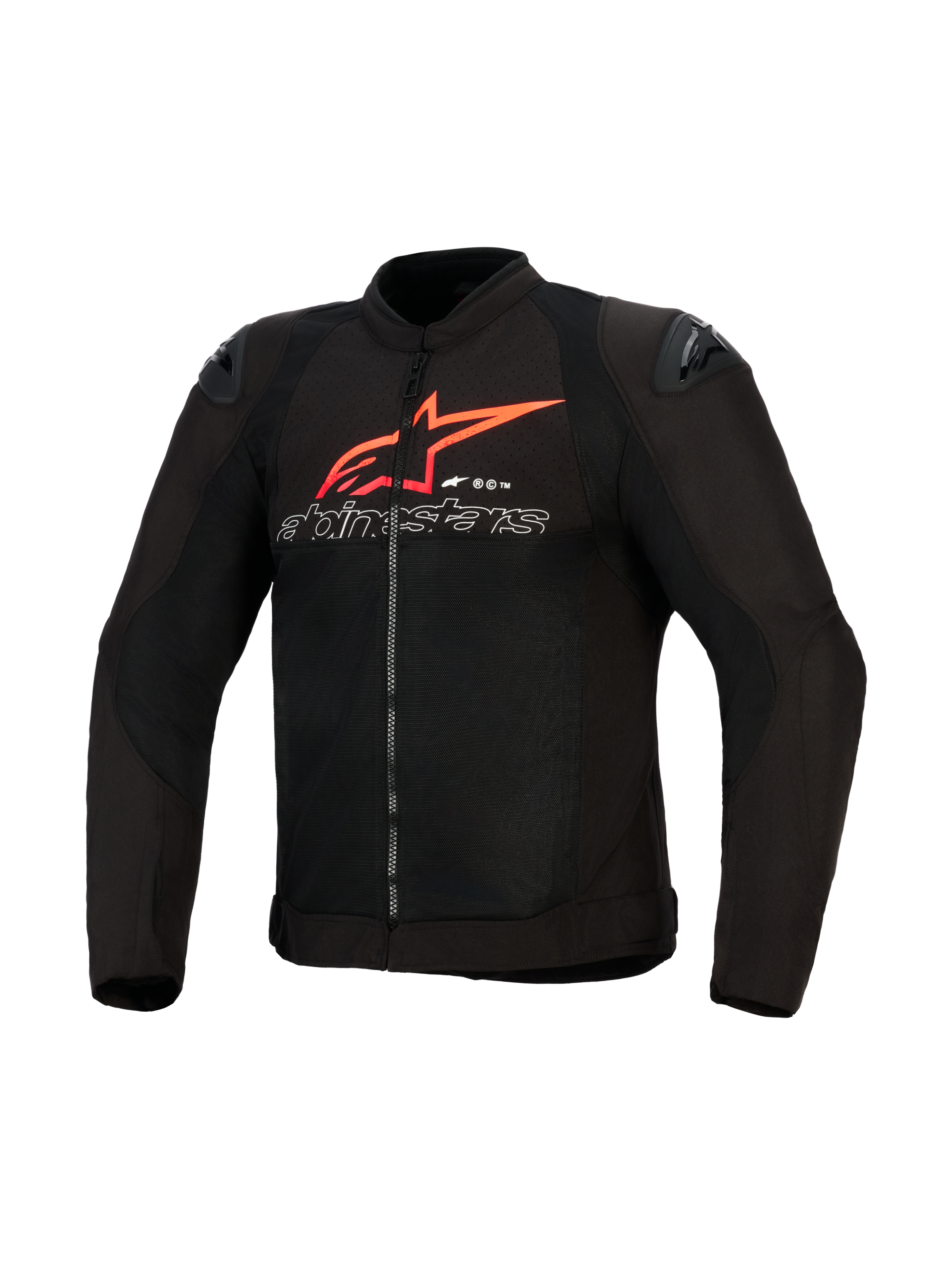 Alpinestars SMX Air Jacket, kurtka motocyklowa, czarna z jaskrawoczerwonymi i białymi akcentami, duże czerwone logo gwiazdy Alpinestars i biały konturowy napis na klatce piersiowej, panele z siatki z czarnymi sliderami na ramionach, sportowa odzież motocyklowa.
