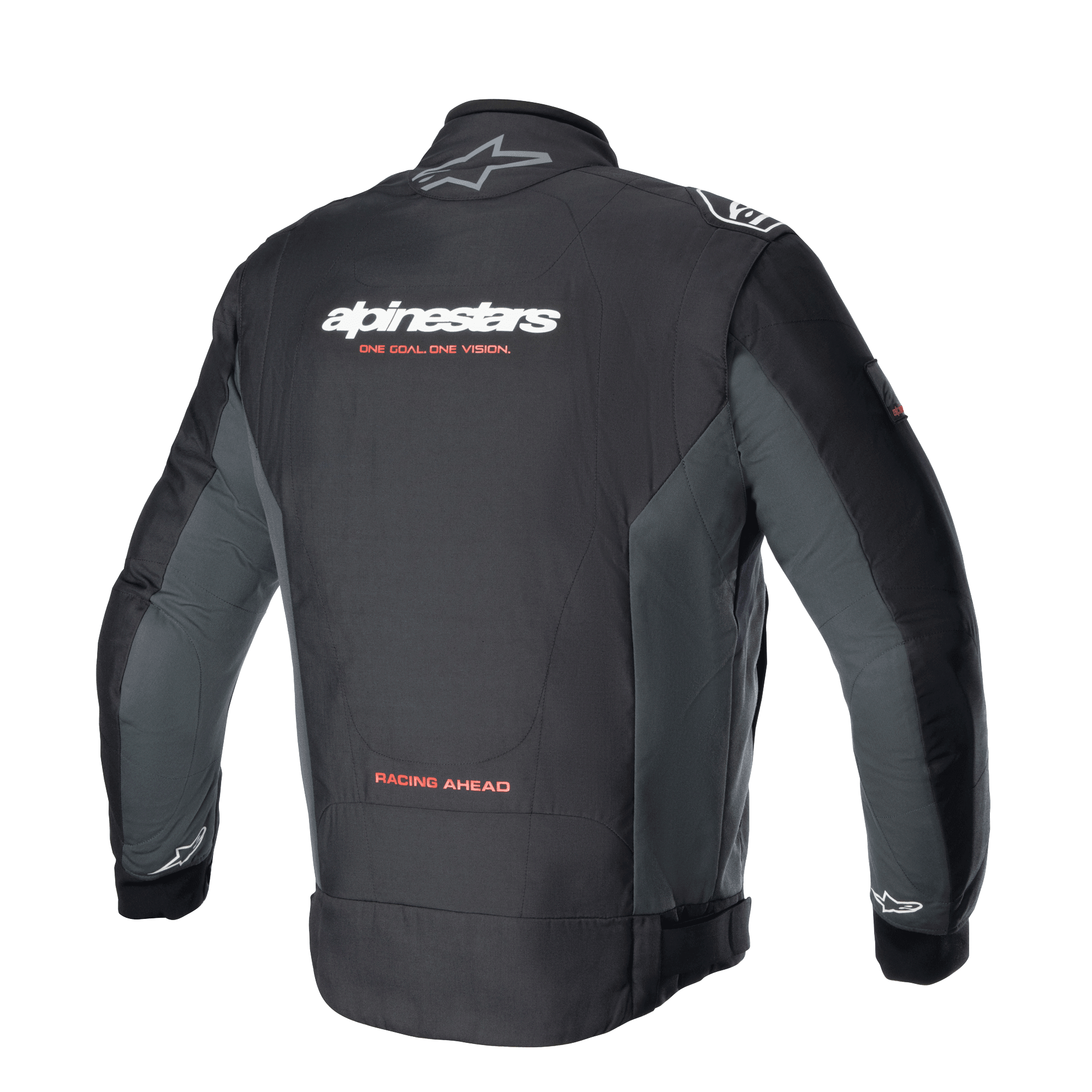 Alpinestars Monza Sport Jacket, tekstylna kurtka motocyklowa w kolorze Black Tar Gray widoczna od tyłu, z białym logo i czerwonym hasłem „ONE GOAL. ONE VISION.”, szarymi panelami bocznymi oraz napisem „RACING AHEAD” w dolnej części pleców