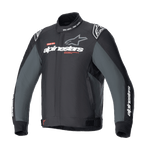 Alpinestars Monza Sport Jacket, tekstylna kurtka motocyklowa w kolorze czarnym i szarym, wysoki kołnierz z napisem „ONE GOAL. ONE VISION.”, białe i szare logo Alpinestars na piersi, logo gwiazdy na ramionach, czerwone akcenty graficzne, regulowane paski w talii, smukły design techniczny