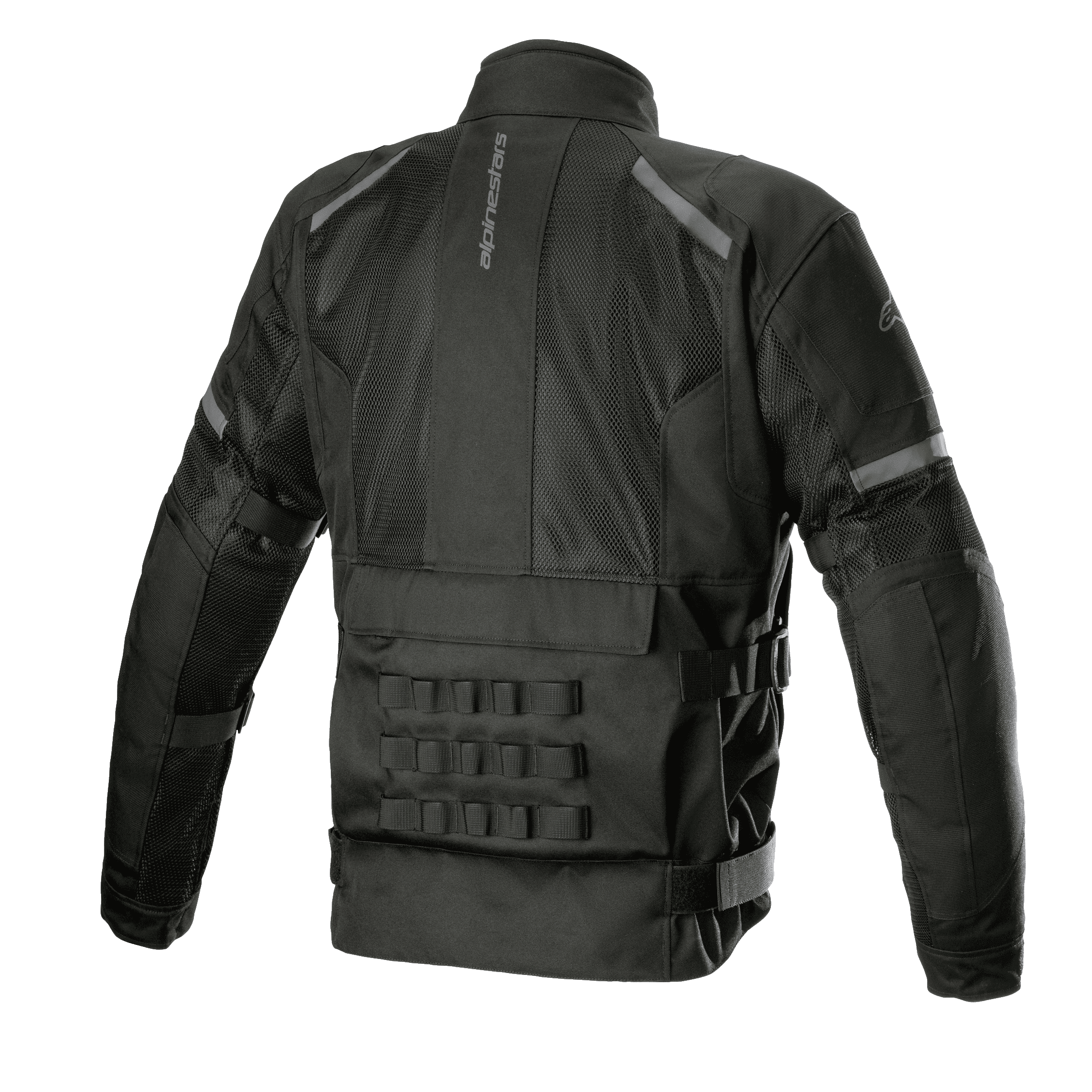 Alpinestars Crosshill Air Waterproof Jacket, czarna kurtka motocyklowa, widok z tyłu prezentujący duże panele tech mesh, pionowe logo Alpinestars, modułowy system połączeń PALS w dolnej części pleców i regulowane paski w talii, wytrzymała odzież turystyczna