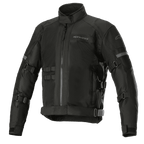 Alpinestars Crosshill Air Waterproof Jacket, motocyklowa kurtka turystyczna, czarna, z dużymi panelami wentylacyjnymi mesh, regulowanymi paskami na rękawach i w talii, odblaskowymi akcentami, wysokim kołnierzem i wytrzymałą konstrukcją tekstylną z detalami w stylu militarnym