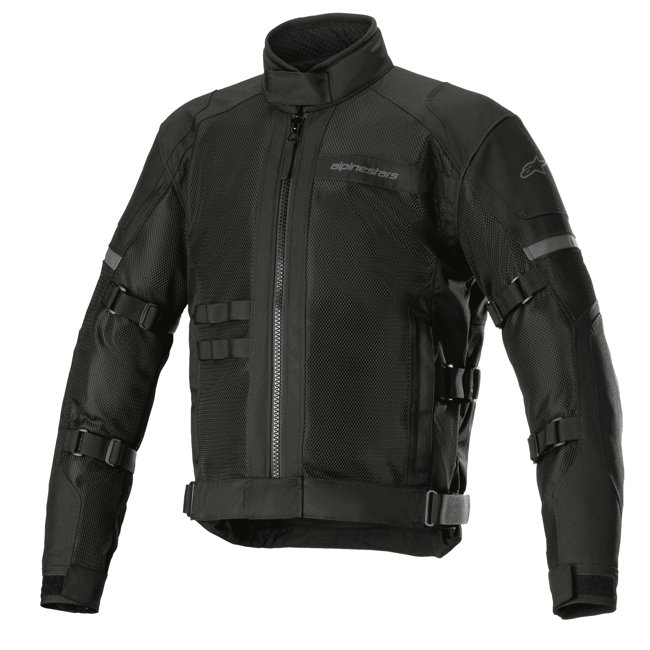 Alpinestars Crosshill Air Waterproof Jacket, motocyklowa kurtka turystyczna, czarna, z dużymi panelami wentylacyjnymi mesh, regulowanymi paskami na rękawach i w talii, odblaskowymi akcentami, wysokim kołnierzem i wytrzymałą konstrukcją tekstylną z detalami w stylu militarnym