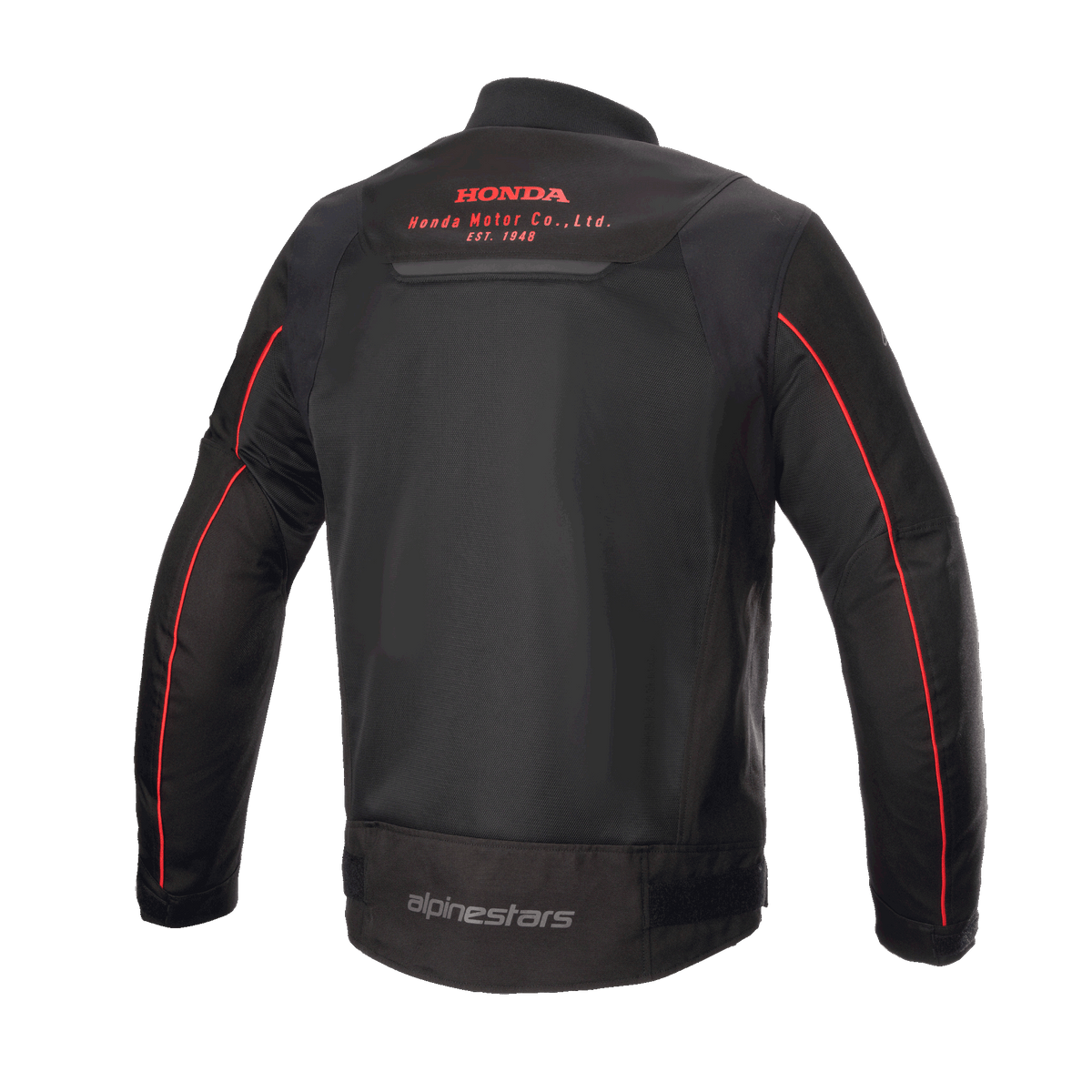 Kurtka Alpinestars Honda Luc V2 Air, czarno-czerwona, widok z tyłu ukazujący oddychające panele z siatki, czerwone logo Honda Motor Co. w górnej części pleców, branding Alpinestars w dolnej części pleców oraz czerwone lamówki na rękawach, miejska kurtka motocyklowa