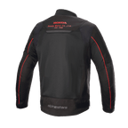 Kurtka Alpinestars Honda Luc V2 Air, czarno-czerwona, widok z tyłu ukazujący oddychające panele z siatki, czerwone logo Honda Motor Co. w górnej części pleców, branding Alpinestars w dolnej części pleców oraz czerwone lamówki na rękawach, miejska kurtka motocyklowa