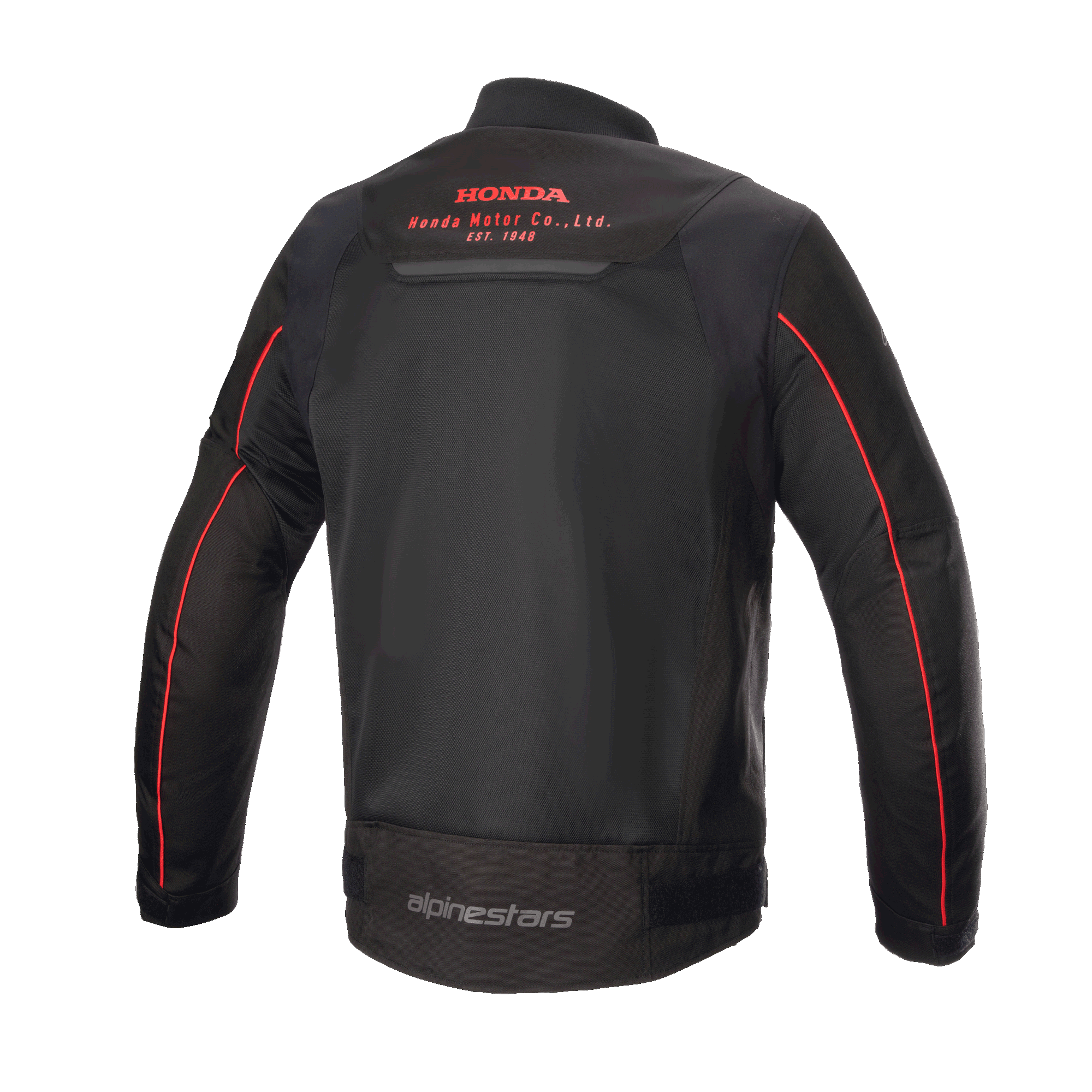 Kurtka Alpinestars Honda Luc V2 Air, czarno-czerwona, widok z tyłu ukazujący oddychające panele z siatki, czerwone logo Honda Motor Co. w górnej części pleców, branding Alpinestars w dolnej części pleców oraz czerwone lamówki na rękawach, miejska kurtka motocyklowa