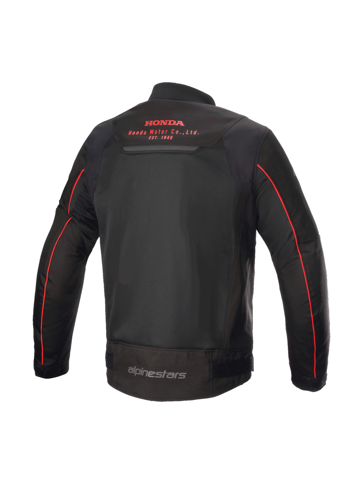 Honda Luc V2 Air Jacket, Alpinestars urban motorcycle jacket in black and red, rear view with mesh panels and Honda logo.