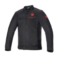 Alpinestars Honda Luc V2 Air Jacket, czarna kurtka motocyklowa w stylu bomber z panelami z siatki, czerwone logo Honda na klatce piersiowej i rękawie, pełny zamek błyskawiczny z przodu, żebrowany kołnierz, regulowany pas i mankiety, materiał tekstylny do jazdy miejskiej