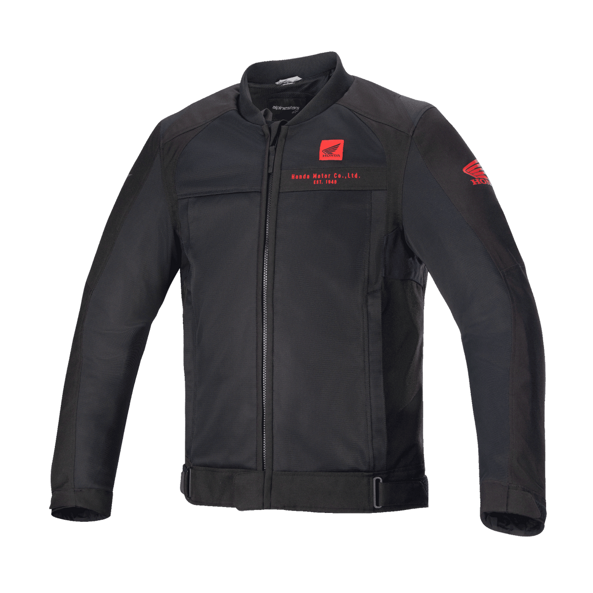 Alpinestars Honda Luc V2 Air Jacket, Black Motorcycle Jacket, Bomber Style with Mesh Panels, Red Honda Branding on Chest and Sleeve, Full Front Zipper, Ribbed Collar, Adjustable Waistband and Cuffs, Textile Material for Urban Riding