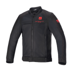 Alpinestars Honda Luc V2 Air Jacket, czarna kurtka motocyklowa w stylu bomber z panelami z siatki, czerwone logo Honda na klatce piersiowej i rękawie, pełny zamek błyskawiczny z przodu, żebrowany kołnierz, regulowany pas i mankiety, materiał tekstylny do jazdy miejskiej