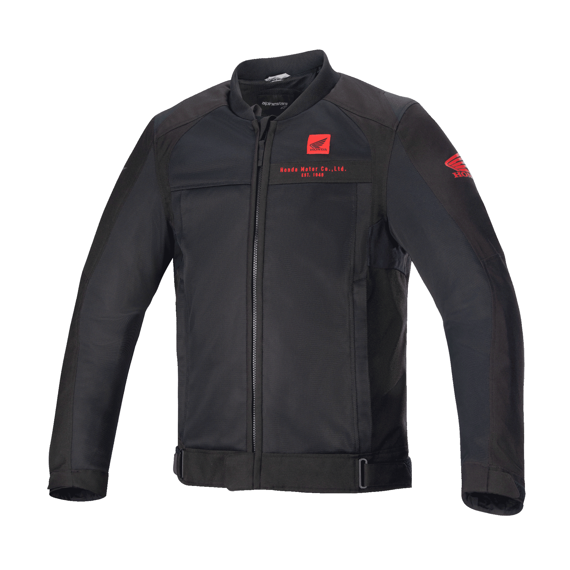 Alpinestars Honda Luc V2 Air Jacket, czarna kurtka motocyklowa w stylu bomber z panelami z siatki, czerwone logo Honda na klatce piersiowej i rękawie, pełny zamek błyskawiczny z przodu, żebrowany kołnierz, regulowany pas i mankiety, materiał tekstylny do jazdy miejskiej