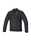 Alpinestars Kurtka Honda Luc V2 Air, męska kurtka motocyklowa miejska, czarna i czerwona, wentylowana siatka mesh, styl bomber z logo Honda na piersi.