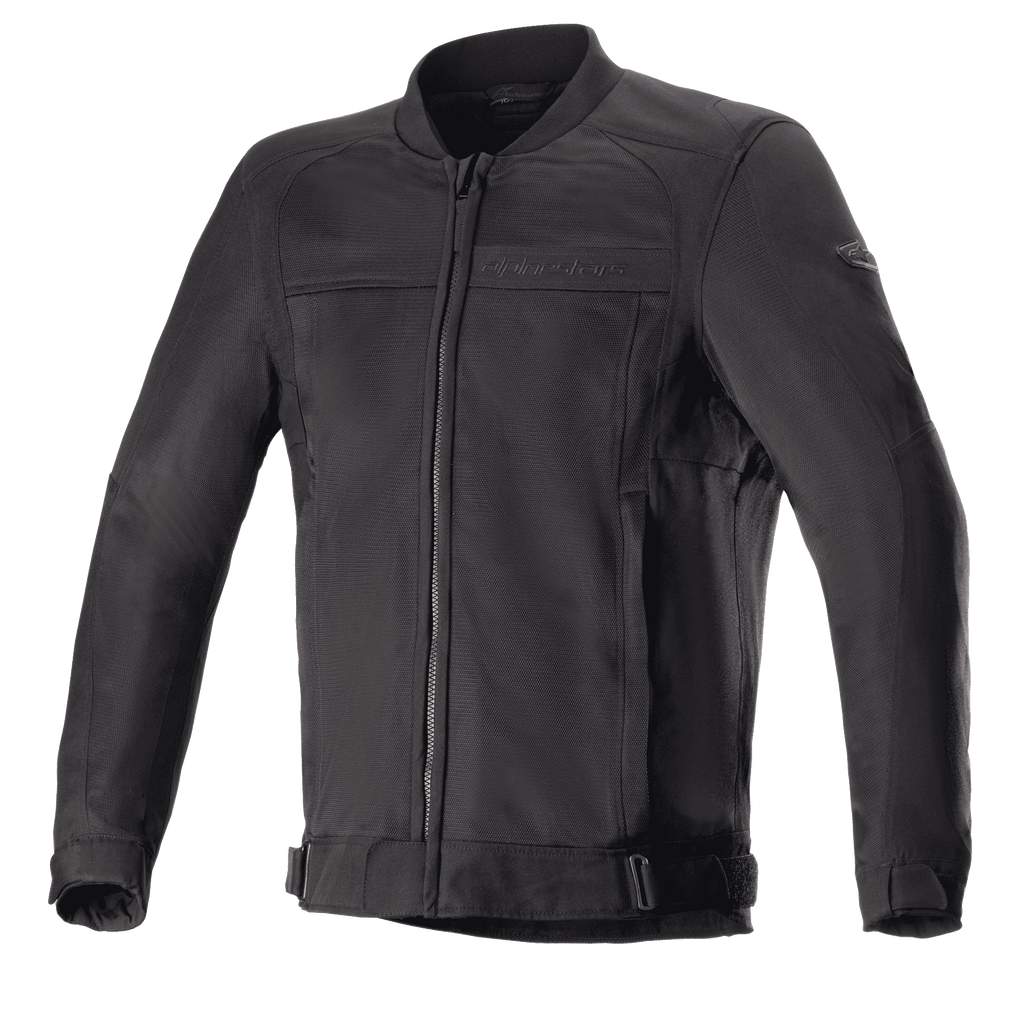 Alpinestars Luc V2 Air Jacket, Black motorcycle jacket, bomber-style with front zipper and ribbed collar, adjustable waist straps, mesh panels for ventilation, subtle branding on chest and sleeve, durable textile fabric for urban riding