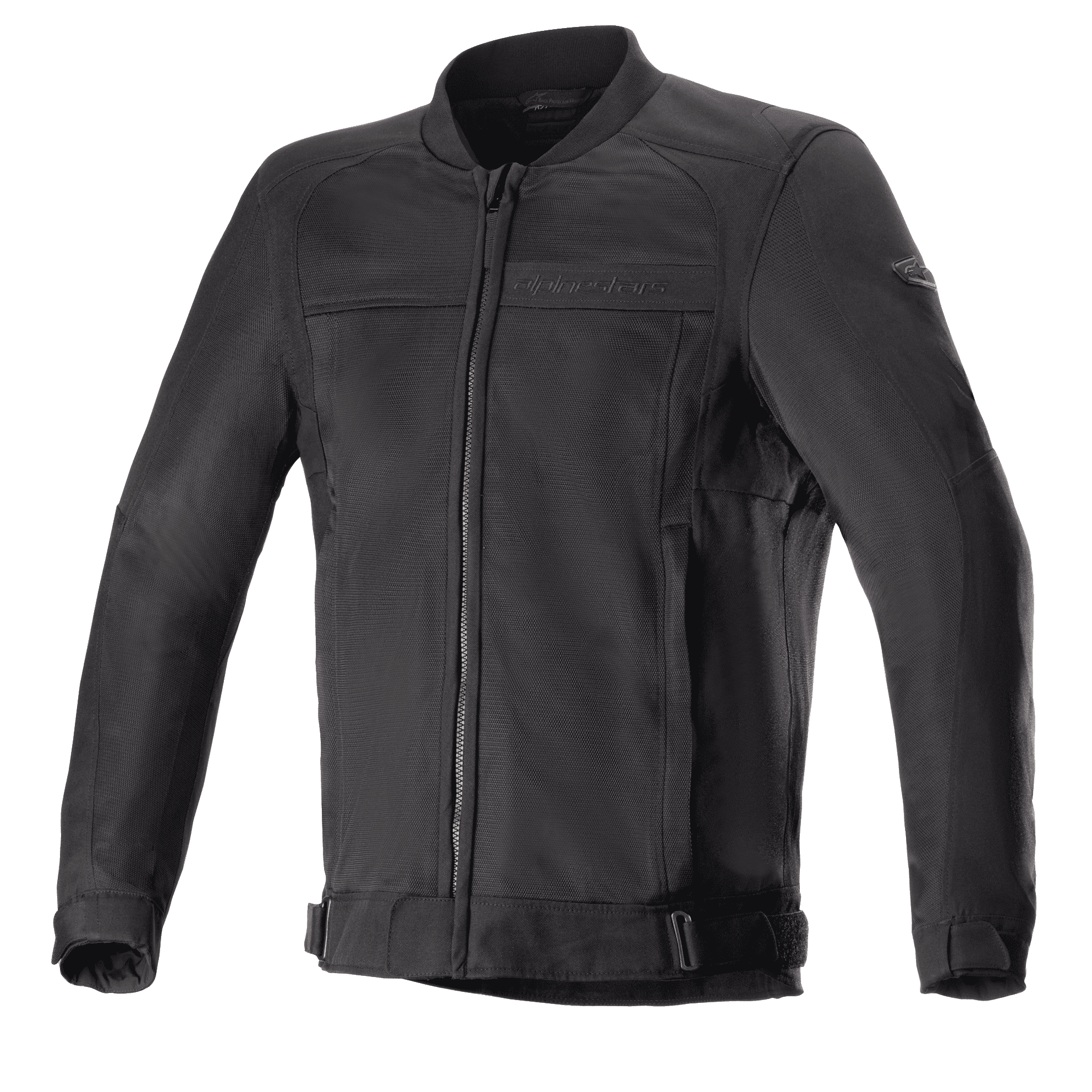 Alpinestars Luc V2 Air Jacket, Black motorcycle jacket, bomber-style with front zipper and ribbed collar, adjustable waist straps, mesh panels for ventilation, subtle branding on chest and sleeve, durable textile fabric for urban riding