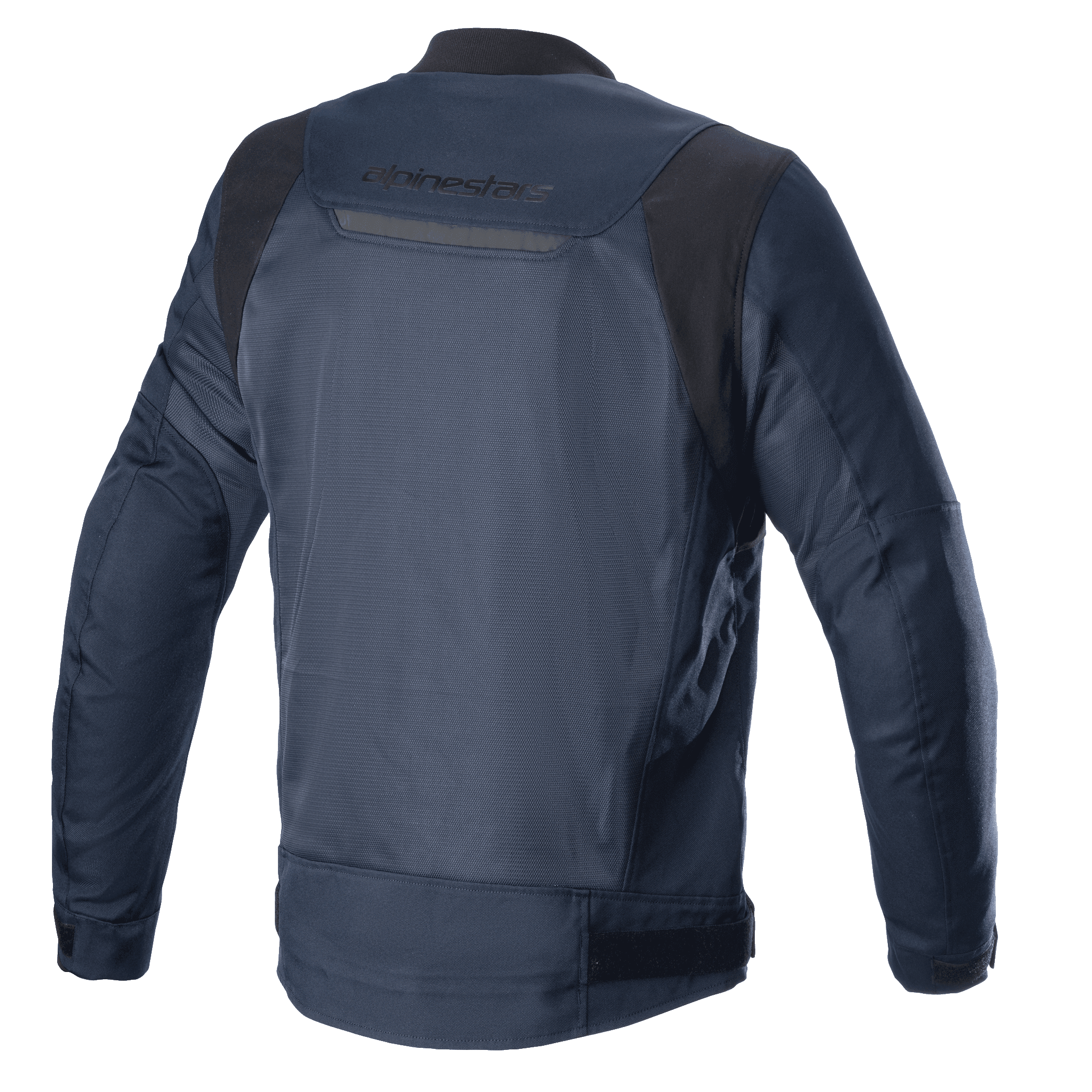 Alpinestars Luc V2 Air Jacket, Navy Black, widok z tyłu, panele z siatki zapewniające przepływ powietrza, odblaskowy detal i branding Alpinestars na górze pleców, tekstylna kurtka motocyklowa w stylu bomber