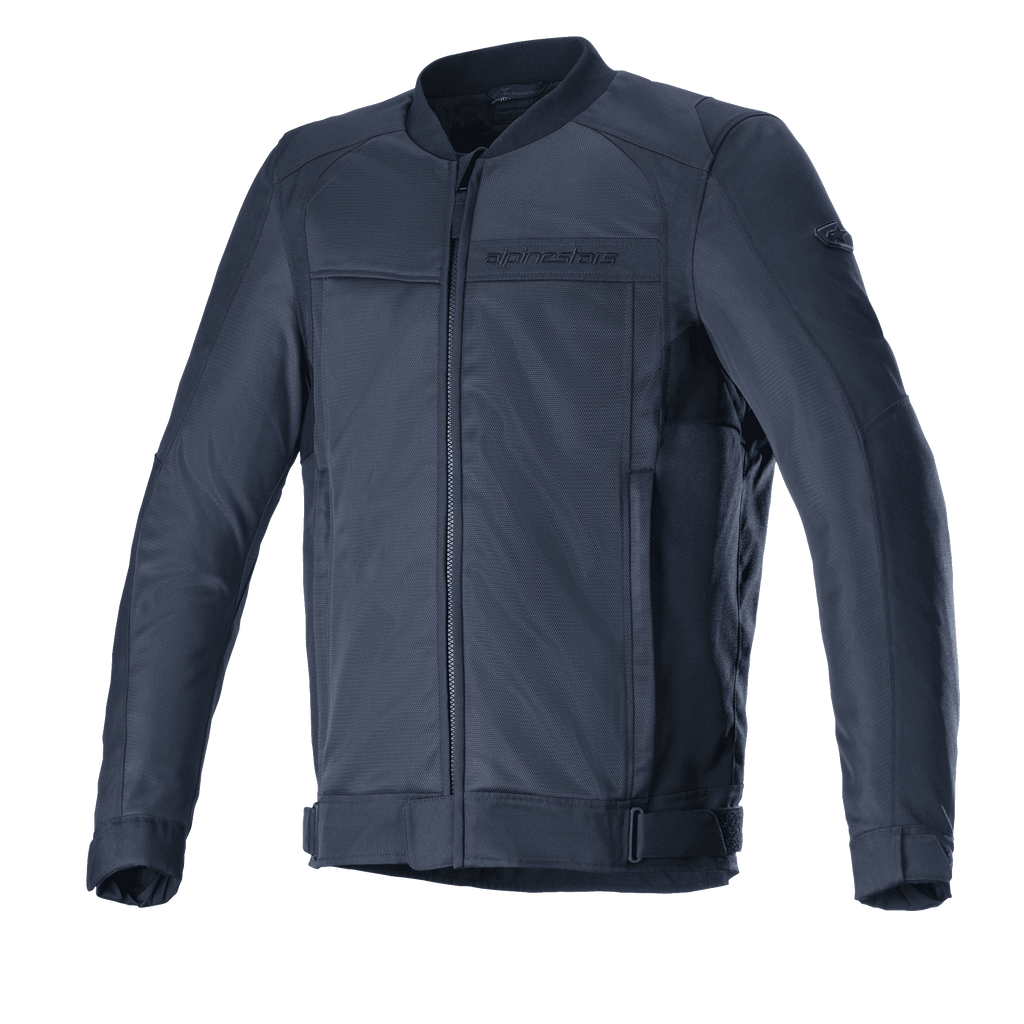 Alpinestars Luc V2 Air Jacket, miejska kurtka motocyklowa, granatowo-czarna, krój typu bomber z zamkiem z przodu, obszerne panele z siatki mesh dla optymalnej wentylacji, regulowane paski w talii, subtelne logo na klatce piersiowej