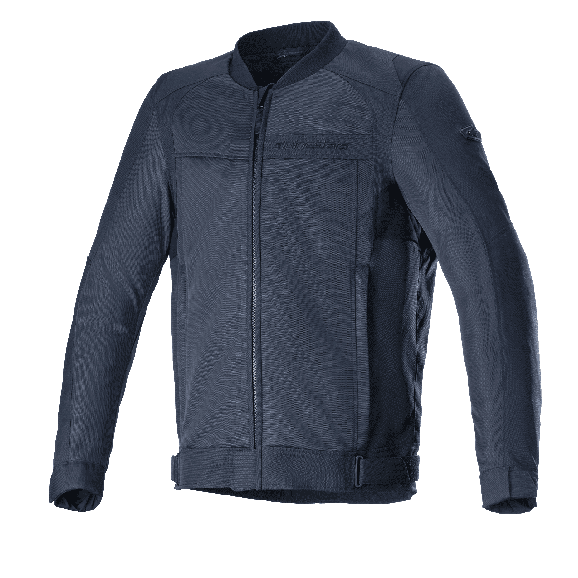 Alpinestars Luc V2 Air Jacket, miejska kurtka motocyklowa, granatowo-czarna, krój typu bomber z zamkiem z przodu, obszerne panele z siatki mesh dla optymalnej wentylacji, regulowane paski w talii, subtelne logo na klatce piersiowej