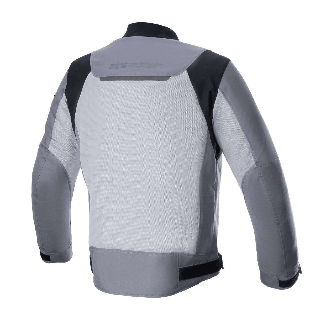 Alpinestars Luc V2 Air Jacket, tekstylna kurtka motocyklowa, kolor Dark Gray Mid Gray, widok z tyłu z dużym wentylowanym panelem z siatki, czarnymi akcentami na ramionach i odblaskowym oznakowaniem marki na górnej części pleców