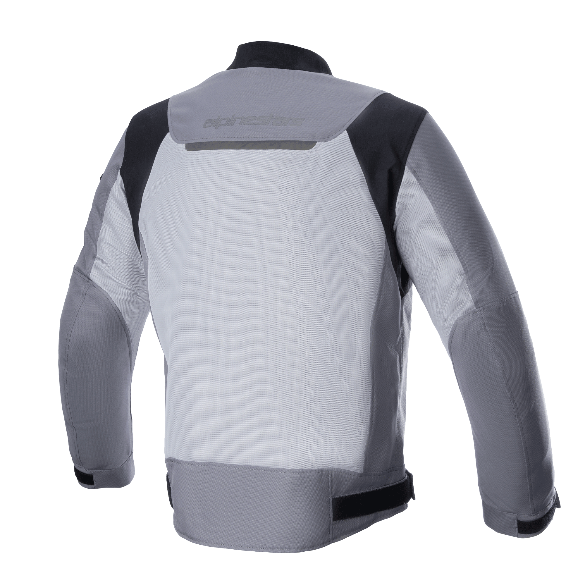 Alpinestars Luc V2 Air Jacket, tekstylna kurtka motocyklowa, kolor Dark Gray Mid Gray, widok z tyłu z dużym wentylowanym panelem z siatki, czarnymi akcentami na ramionach i odblaskowym oznakowaniem marki na górnej części pleców