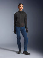 Female rider wearing the Alpinestars Stella Aeroshell Airflow Jacket in Black, featuring laser-perforated ventilation and mesh panels, styled with blue riding jeans and black motorcycle gear, modern sport and urban riding aesthetic