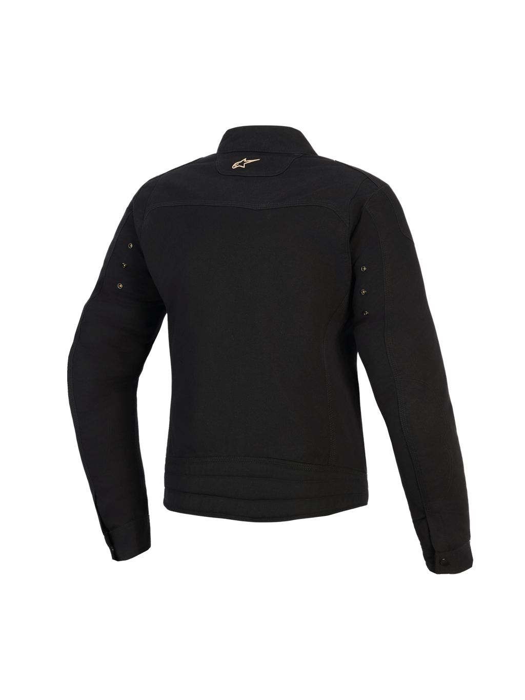 Alpinestars Stella Grace Jacket, damska miejska kurtka motocyklowa, czarna, widok z tyłu z małym złotym logo Astar na karku, metalowe oczka na rękawach i plisowane przeszycia w dolnej części pleców