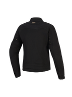 Alpinestars Stella Grace Jacket, damska miejska kurtka motocyklowa, czarna, widok z tyłu z małym złotym logo Astar na karku, metalowe oczka na rękawach i plisowane przeszycia w dolnej części pleców