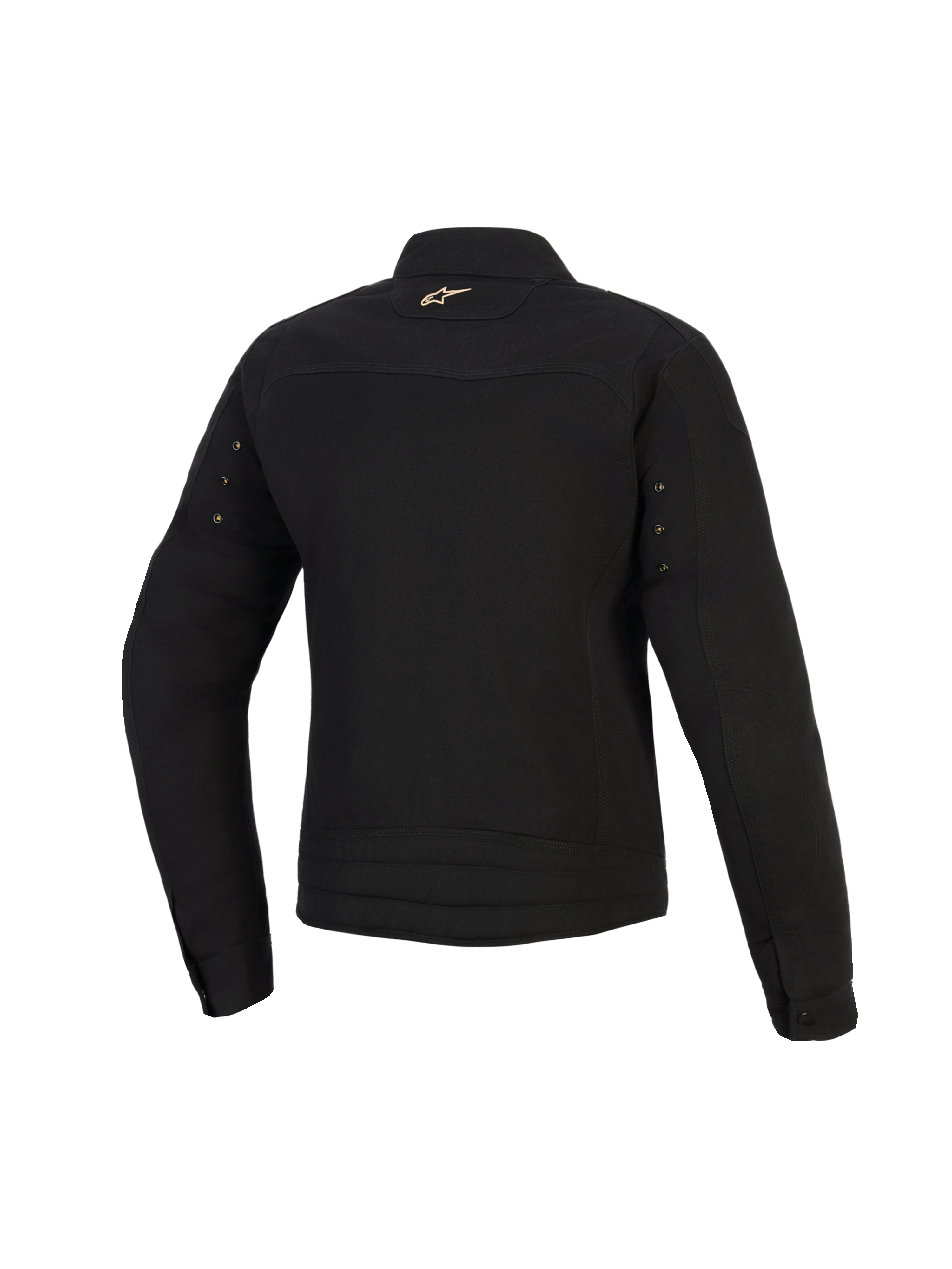 Alpinestars Stella Grace Jacket, damska miejska kurtka motocyklowa, czarna, widok z tyłu z małym złotym logo Astar na karku, metalowe oczka na rękawach i plisowane przeszycia w dolnej części pleców
