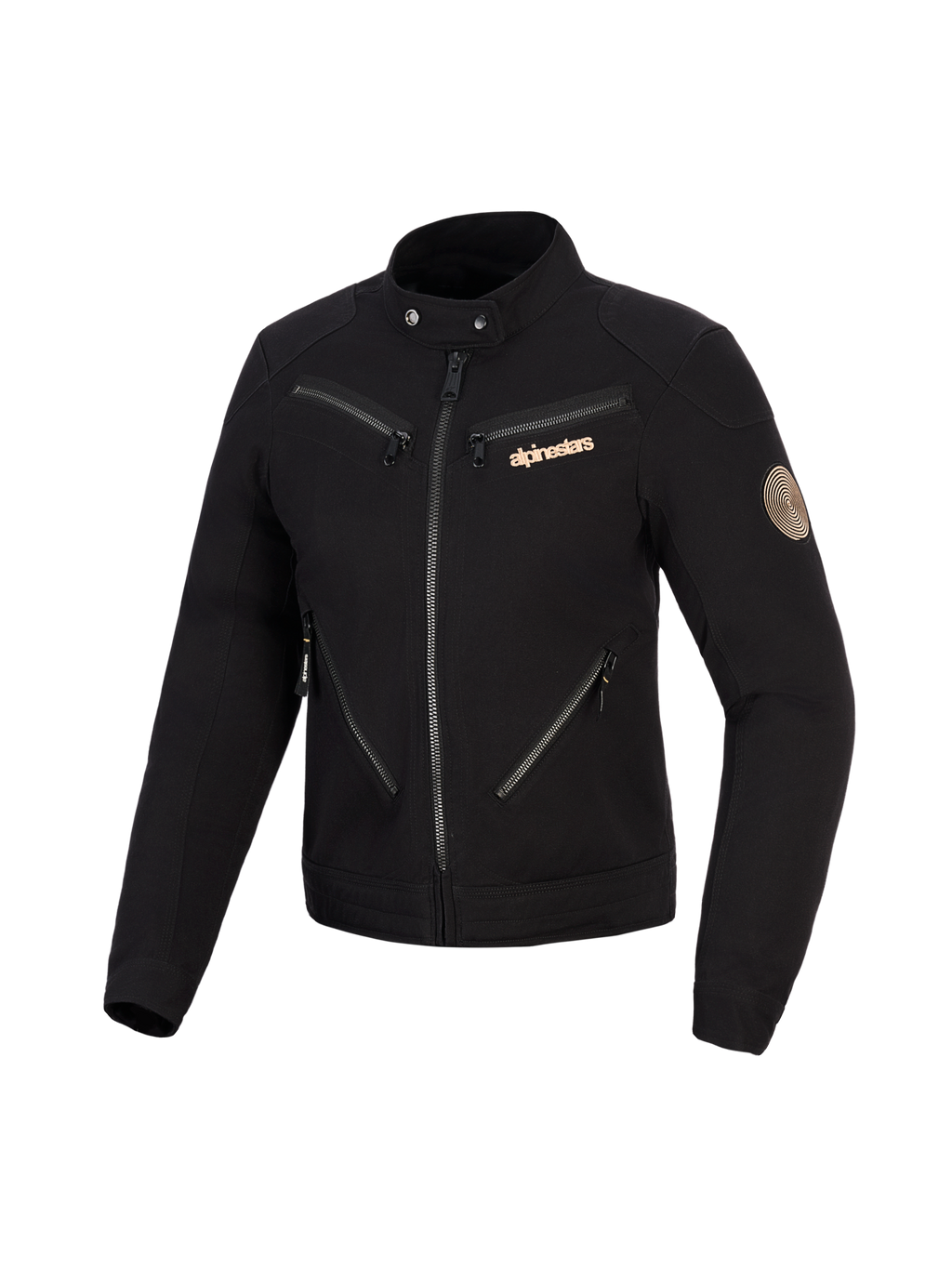 Kurtka Alpinestars Stella Grace, damska kurtka motocyklowa, czarna, miejski design inspirowany odzieżą roboczą z licznymi przednimi zamkami błyskawicznymi, kołnierzem zapinanym na napy, miedzianym logo Alpinestars i vintage'ową spiralną naszywką na rękawie.
