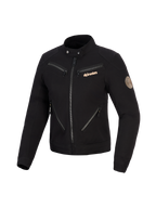Kurtka Alpinestars Stella Grace, damska kurtka motocyklowa, czarna, miejski design inspirowany odzieżą roboczą z licznymi przednimi zamkami błyskawicznymi, kołnierzem zapinanym na napy, miedzianym logo Alpinestars i vintage'ową spiralną naszywką na rękawie.