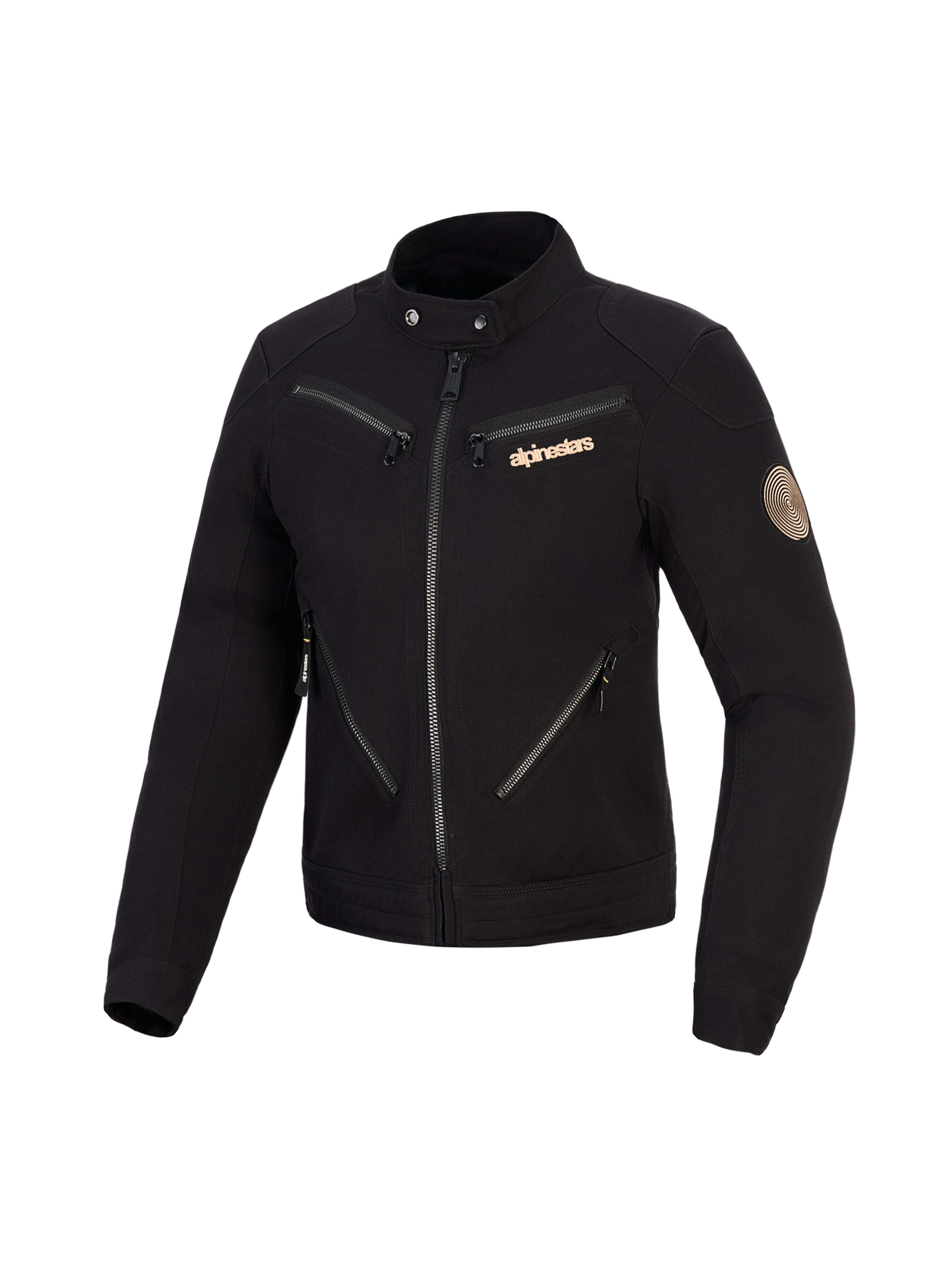 Kurtka Alpinestars Stella Grace, damska kurtka motocyklowa, czarna, miejski design inspirowany odzieżą roboczą z licznymi przednimi zamkami błyskawicznymi, kołnierzem zapinanym na napy, miedzianym logo Alpinestars i vintage'ową spiralną naszywką na rękawie.