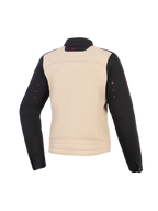 Alpinestars Stella Grace Jacket, damska kurtka motocyklowa, kolor Aluminum Black, widok z tyłu, tekstylna konstrukcja z beżowym korpusem, czarnymi rękawami i małym różowym logo na kołnierzu