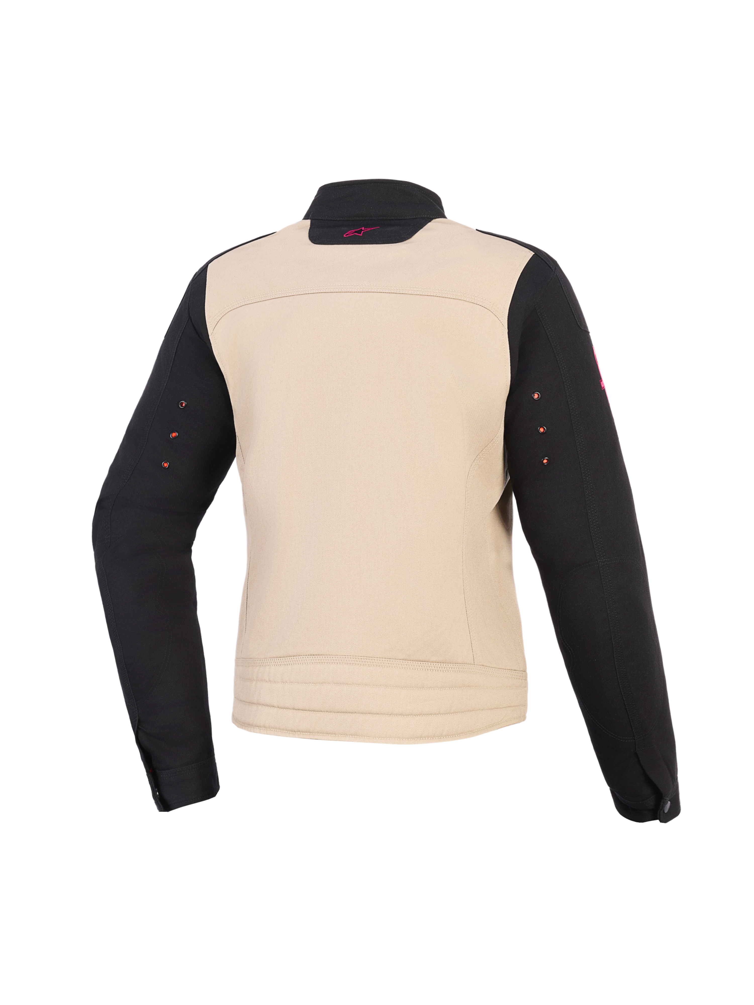 Alpinestars Stella Grace Jacket, damska kurtka motocyklowa, kolor Aluminum Black, widok z tyłu, tekstylna konstrukcja z beżowym korpusem, czarnymi rękawami i małym różowym logo na kołnierzu