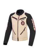 Alpinestars Stella Grace Jacket, damska kurtka motocyklowa, aluminiowa i czarna z różowymi akcentami przy zamkach, widok z przodu przedstawiający design inspirowany miejską odzieżą roboczą, spiralna naszywka Oscar na piersi, logo Alpinestars na rękawach.