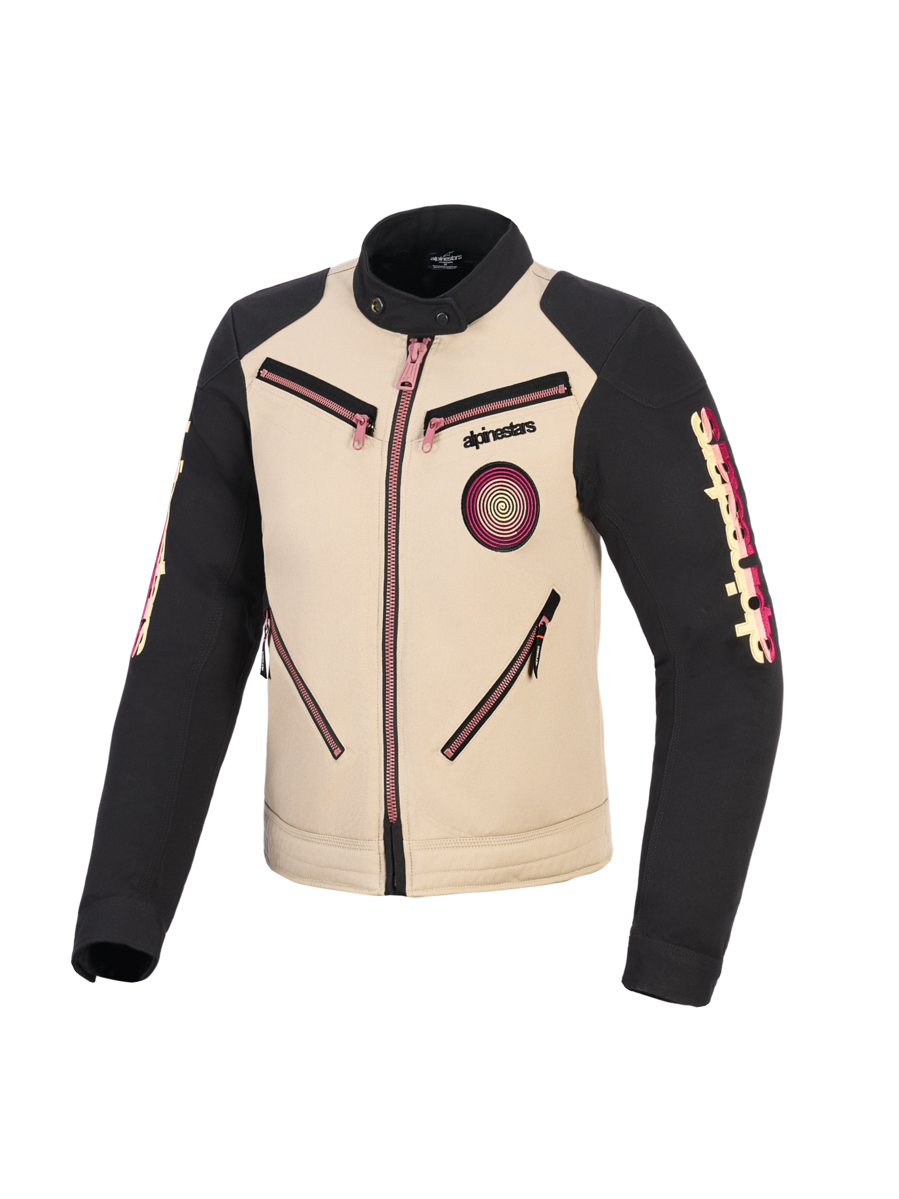 Alpinestars Stella Grace Jacket, damska kurtka motocyklowa, aluminiowa i czarna z różowymi akcentami przy zamkach, widok z przodu przedstawiający design inspirowany miejską odzieżą roboczą, spiralna naszywka Oscar na piersi, logo Alpinestars na rękawach.
