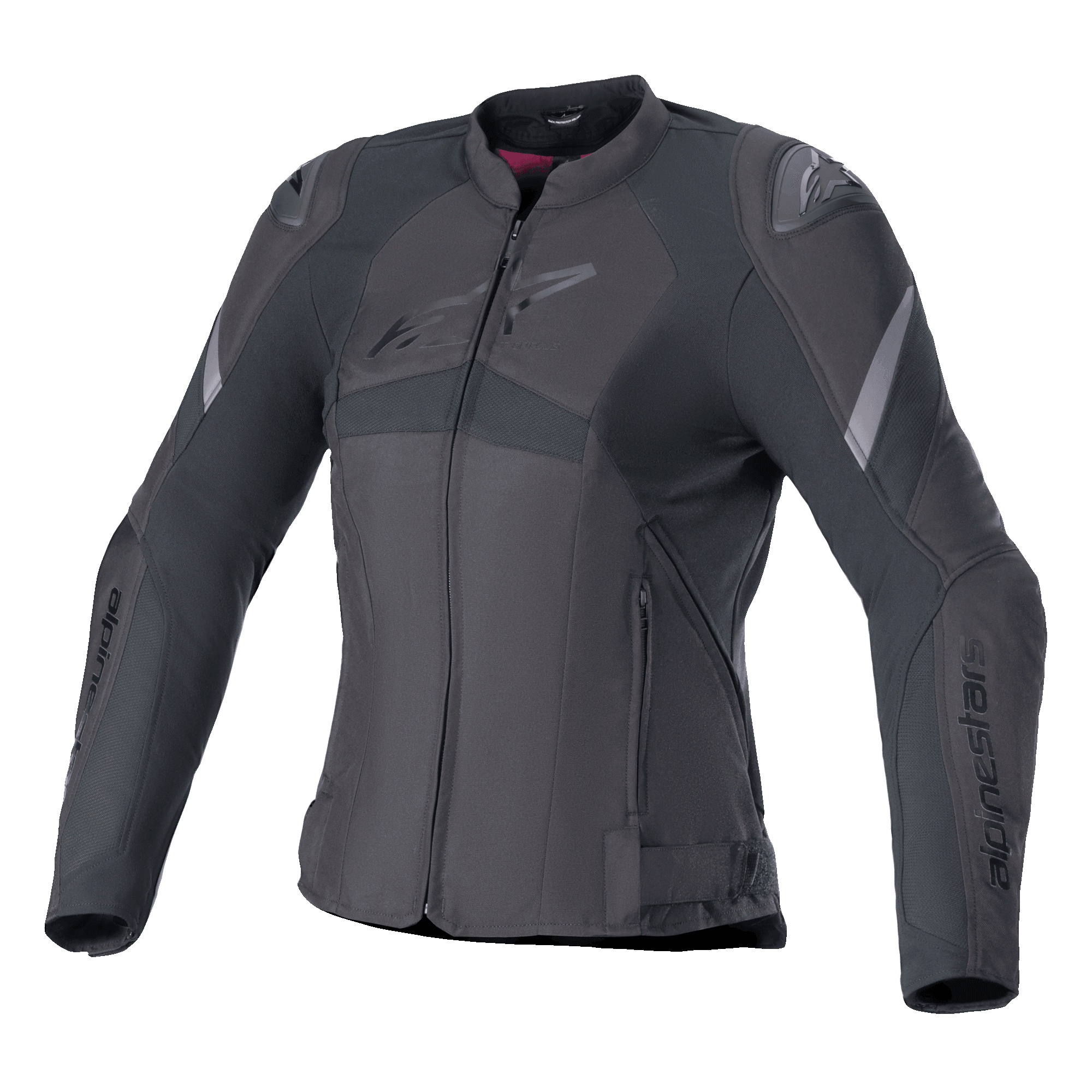 Alpinestars Stella T-GP Plus R V4 Jacket, Women's Textile Motorcycle Jacket, Black, featuring a fitted sport design, zippered front, external shoulder protectors, and subtle logo details on the chest and sleeves.