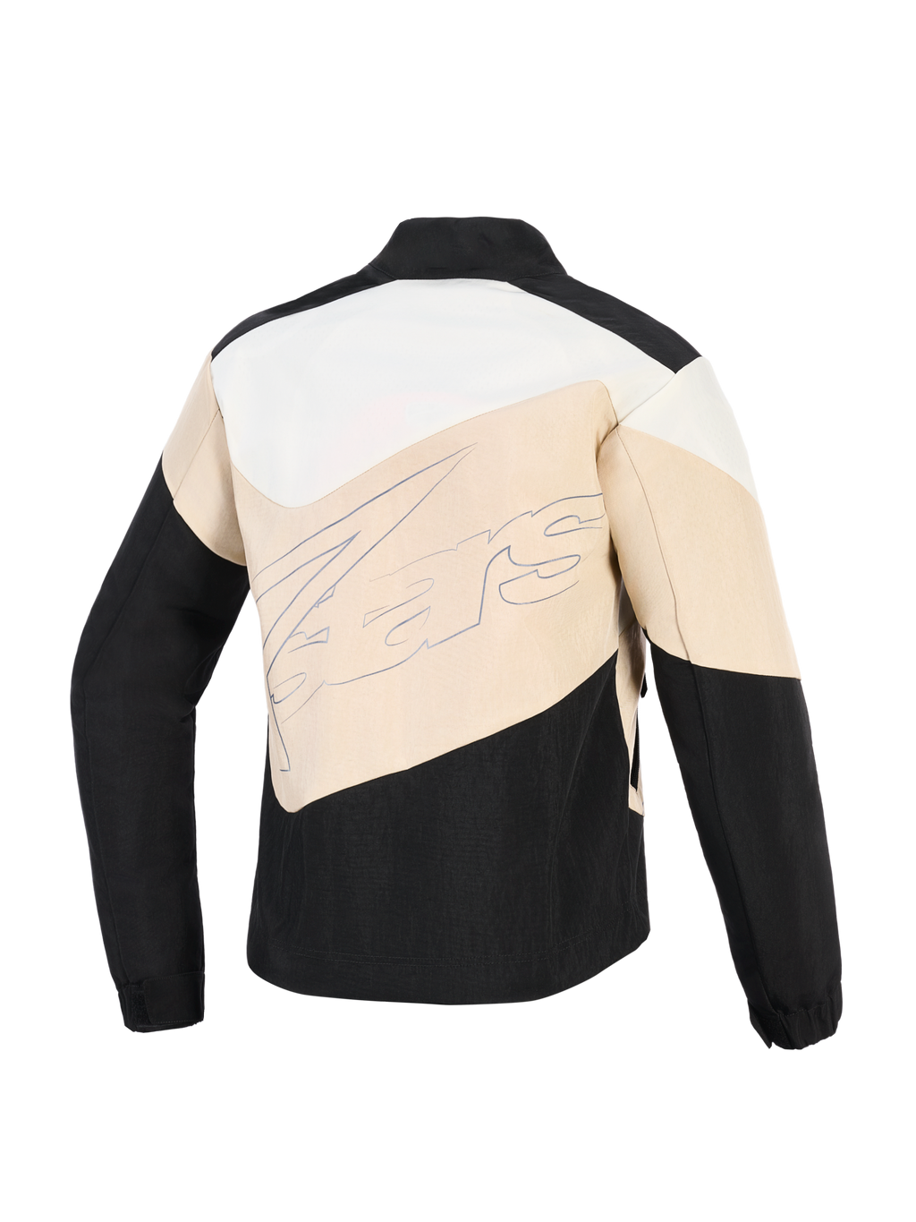 Kurtka Alpinestars Stella Moshell, damska miejska kurtka motocyklowa, kolory Black Sand i Off White, widok z tyłu z asymetrycznymi panelami i dużym logotypem marki na środku.