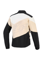 Kurtka Alpinestars Stella Moshell, damska miejska kurtka motocyklowa, kolory Black Sand i Off White, widok z tyłu z asymetrycznymi panelami i dużym logotypem marki na środku.