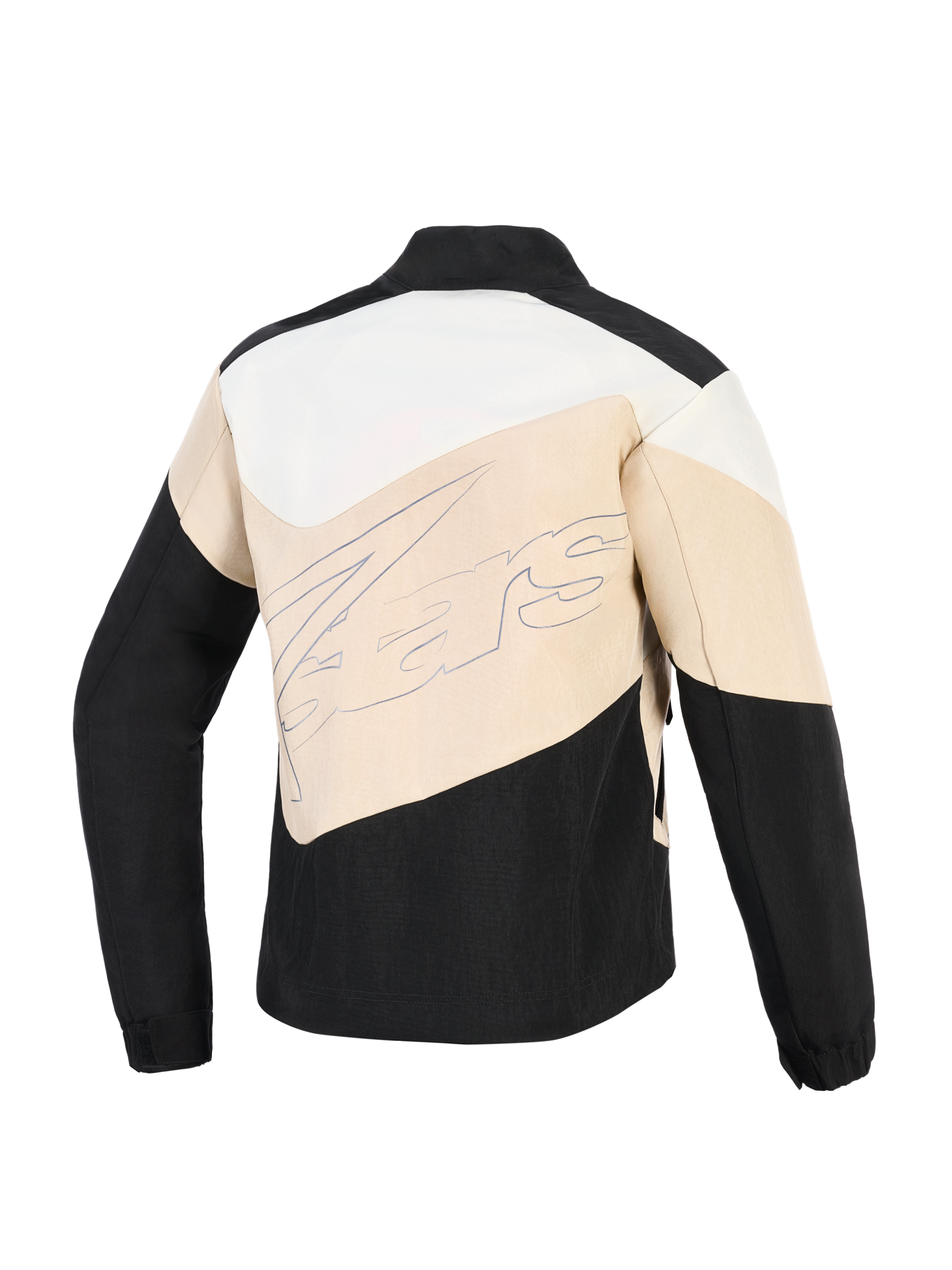 Kurtka Alpinestars Stella Moshell, damska miejska kurtka motocyklowa, kolory Black Sand i Off White, widok z tyłu z asymetrycznymi panelami i dużym logotypem marki na środku.
