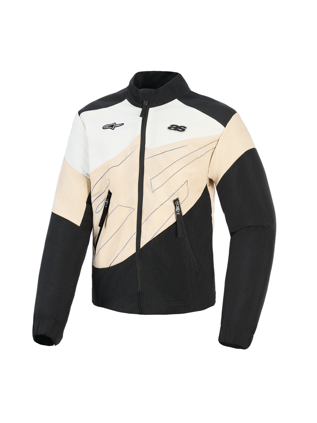Alpinestars Stella Moshell Jacket, damska miejska kurtka motocyklowa, czarna, piaskowa i złamana biel, asymetryczny design color-block z niebieskimi grafikami liniowymi, zapięcie na zamek z przodu i dwa logotypy na klatce piersiowej, ochronna odzież do jazdy inspirowana stylem streetwear