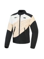 Alpinestars Stella Moshell Jacket, damska miejska kurtka motocyklowa, czarna, piaskowa i złamana biel, asymetryczny design color-block z niebieskimi grafikami liniowymi, zapięcie na zamek z przodu i dwa logotypy na klatce piersiowej, ochronna odzież do jazdy inspirowana stylem streetwear