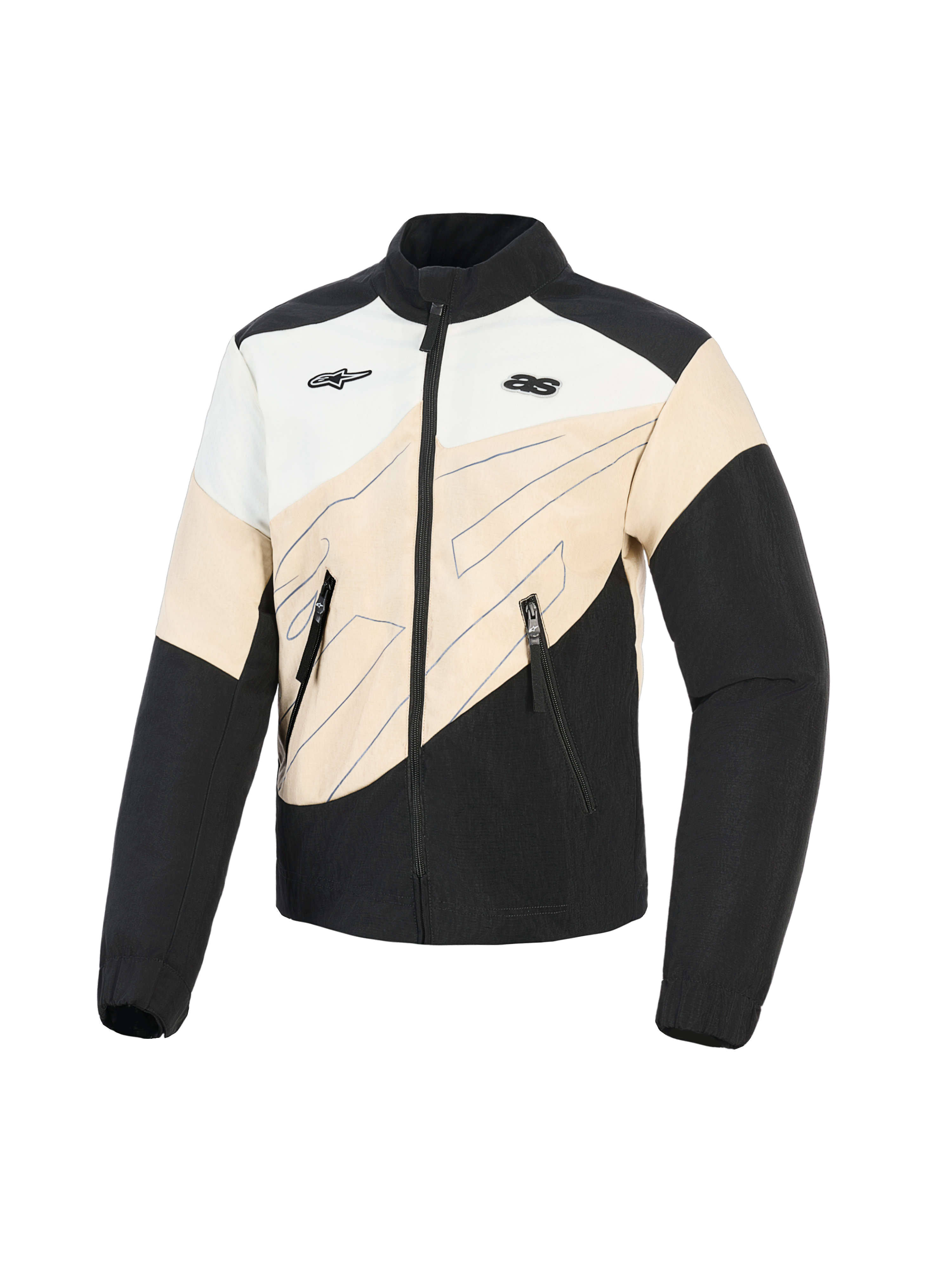 Alpinestars Stella Moshell Jacket, damska miejska kurtka motocyklowa, czarna, piaskowa i złamana biel, asymetryczny design color-block z niebieskimi grafikami liniowymi, zapięcie na zamek z przodu i dwa logotypy na klatce piersiowej, ochronna odzież do jazdy inspirowana stylem streetwear