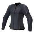 Alpinestars Stella T-GP Plus R V4 Airflow Jacket, Women's Sport Motorcycle Jacket, Black, featuring large mesh ventilation panels, perforated chest sections with Alpinestars logo, DFS Lite shoulder protectors, and a pre-curved anatomical fit for summer riding.