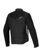 Alpinestars Stella T-Dyno Air Jacket, damska kurtka motocyklowa, czarna, widok z tyłu z boku przedstawiający rozszerzone panele z siatki 3D na karczku i rękawach, białe logo Alpinestars, dopasowana tekstylna konstrukcja na lato