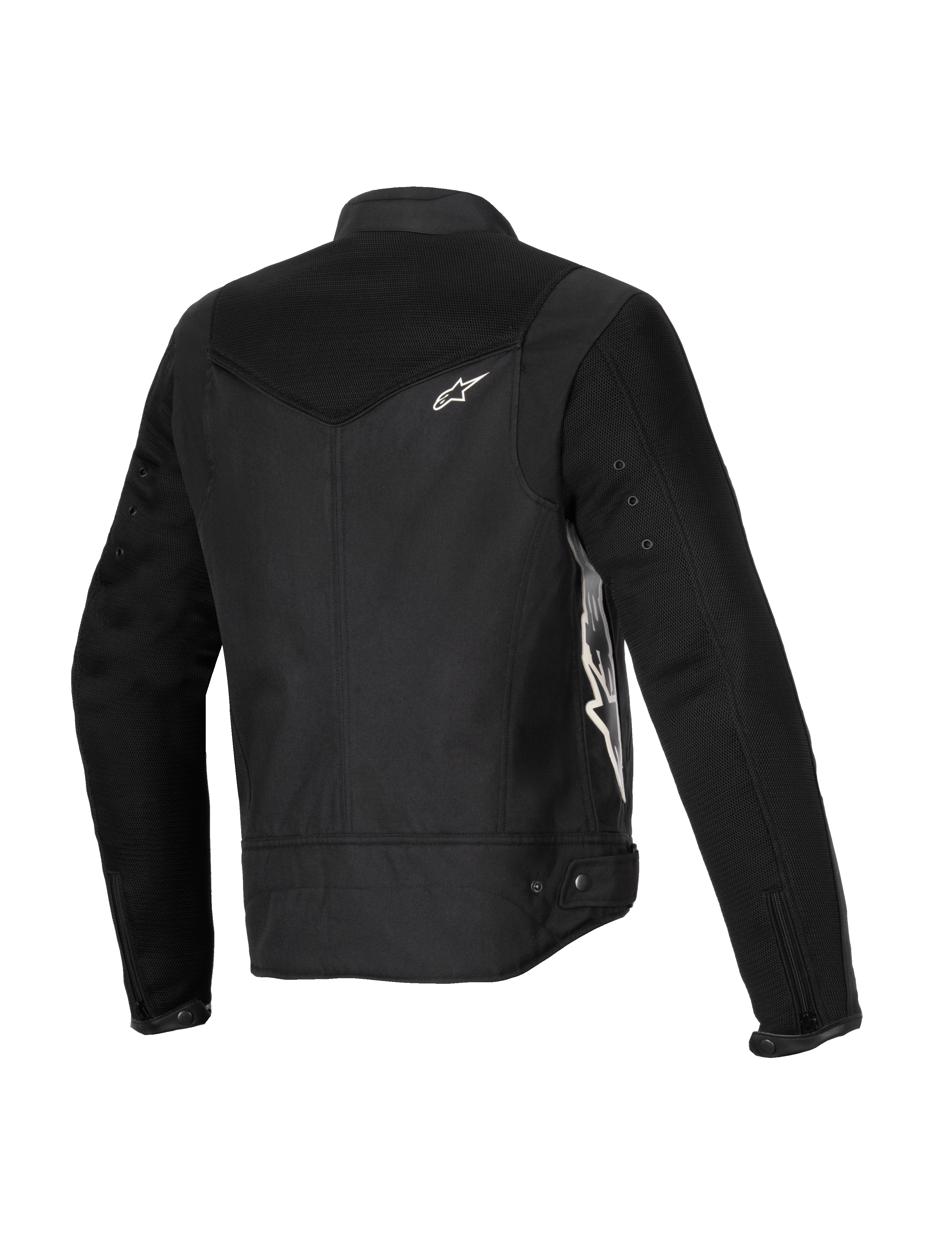 Alpinestars Stella T-Dyno Air Jacket, damska kurtka motocyklowa, czarna, widok z tyłu z boku przedstawiający rozszerzone panele z siatki 3D na karczku i rękawach, białe logo Alpinestars, dopasowana tekstylna konstrukcja na lato