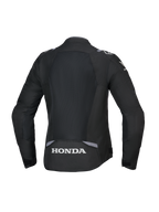 Alpinestars Honda Woman Stella T-SPS Air V2 Jacket, Rear View, Black with Dark Gray and Ice Gray accents, featuring a large tech mesh back panel and white Honda logo on the lower back, performance-orientated women's specific fit.