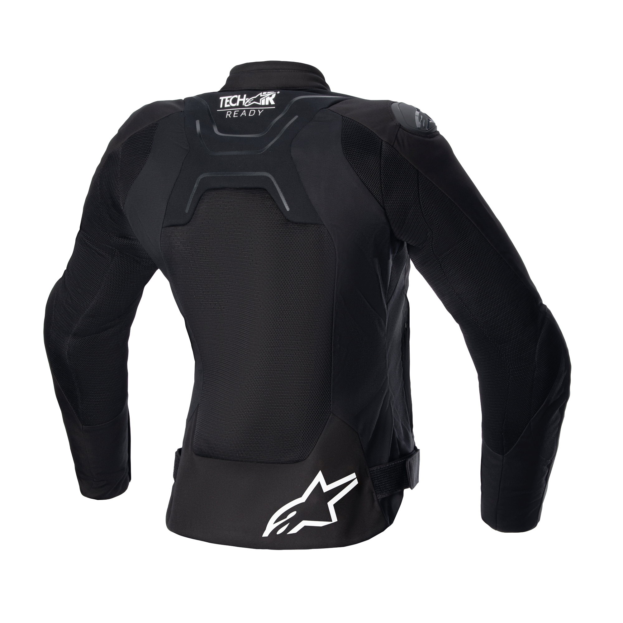 Damska kurtka Alpinestars Stella SMX Air, widok z tyłu, czarna, siatkowe panele na plecach zapewniające przepływ powietrza, oznaczenie Tech-Air Ready w górnej części pleców, białe logo gwiazdy Alpinestars na dole, paski do regulacji w talii, sportowo-miejska tekstylna kurtka motocyklowa